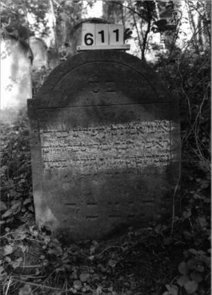 Grabstein 611 (Index: 99802886) Material: Sandstein Zustand: Inschrift abgeblättert/Textverlust Maße HxBxT: 80x63x9 cm Beschreibung: Stele mit eingezogenem Rundbogen: Grabstein 611