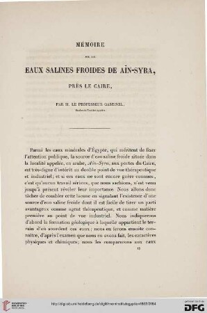 1: Mémoire sur les eaux salines froides de Aïn-Syra, près Le Caire