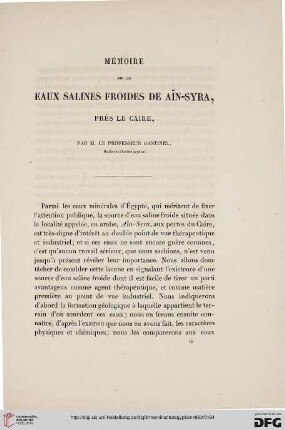 1: Mémoire sur les eaux salines froides de Aïn-Syra, près Le Caire
