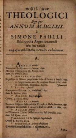 Catalogi Librorum In Bibliopolio Argentinensi Simonis Paulli Venalium Pars .... 1, Insignes quosdam Libros Theologicos Designans