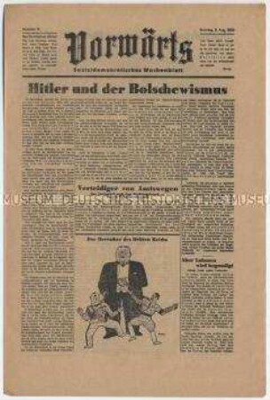 Exilausgabe der SPD-Organs "Vorwärts" u.a. mit einem Vergleich von Nationalsozialismus und Stalinismus ("Bolschewismus des Kapitals")