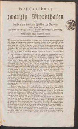 23. Beschreibung der zwanzig Mordthaten welche durch einen deutschen Fleischer zu Marocco verübt worden sind, ...