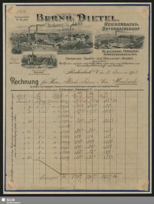 Bernh. Dietel, Reichenbach i. V., Unterhainsdorf, Bleicherei, Färberei, Appreturanstalten, Carbonisir-, Gaufrir- und Merzerisir-Anstalt : Rechnung