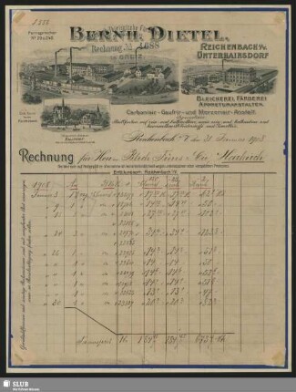 Bernh. Dietel, Reichenbach i. V., Unterhainsdorf, Bleicherei, Färberei, Appreturanstalten, Carbonisir-, Gaufrir- und Merzerisir-Anstalt : Rechnung