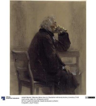 Sitzender älterer Herr im Überzieher mit Handschuhen, Kniestück, Profil nach rechts