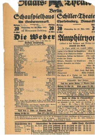 Theaterzettel des Staatstheaters Berlin für Aufführungen "Die Weber" von Gerhard Hauptmann und "Amphitryon" von Heinrich von Kleist