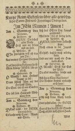 Kurtze Reim-Gebetlein über alle gewöhnliche Sonn- Fest- und Feyertags Evangelien