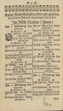 Kurtze Reim-Gebetlein über alle gewöhnliche Sonn- Fest- und Feyertags Evangelien