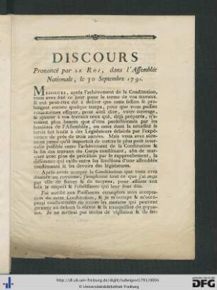 Discours prononcé par le Roi, dans l'Assemblée Nationale, le 30 Septembre 1791.