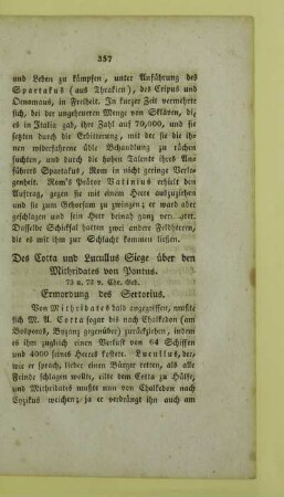 Des Cotta und Lucullus Siege ueber den Mithridates von Pontus. 73 u. 72 v. Chr. Geb. Ermordung des Sertorius