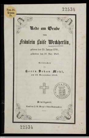 Rede am Grabe von Fräulein Luise Weckherlin : geboren den 25. Januar 1793, gestorben den 21. Nov. 1849