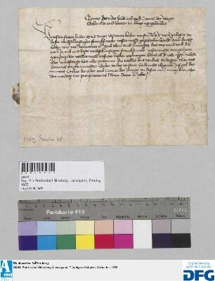 Conrat d.Ä., Friderich und Conrat d.J. Schencken und Herren zu Limpurg, Gebrüder, sagen für die Nürnberger Kaufmannschaft zur Frankfurter Fastenmesse Geleit zu. - Siegler: Conrat d.Ä.