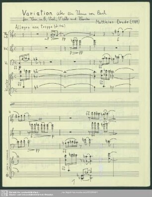 Variation über ein Thema von Bach : für Klar. in B, Viol., V'cello und Klavier; (1989)