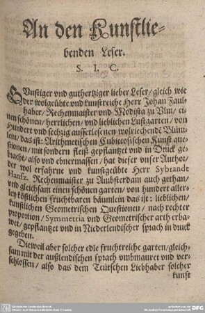 An den Kunstliebenden Leser.
