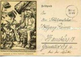 Alter Mann vor seinem Haus auf einer Bank im Garten sitzend, nach einem Linolschnitt von Georg Slyterman v. Langeweyde