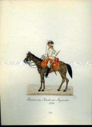 Uniformdarstellung, Gemeiner des Karabinier-Regiments, 1784. Aus: Sammelmappe "Sachsens Militär", Königliche Arsenalsammlung.