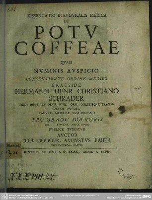 Dissertatio Inauguralis Medica De Potu Coffeae