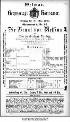 Die Braut von Messina oder Die feindlichen Brüder