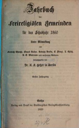Freireligiöser Kalender : auf d. Jahr .., 1. 1860 (1859)