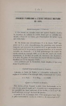 Concours d'admission a l'École Spéciale Militaire en 1894.