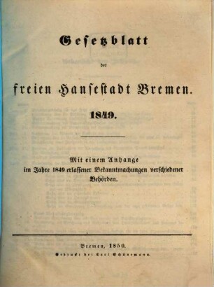 Gesetzblatt der Freien Hansestadt Bremen. 1849. - 1850
