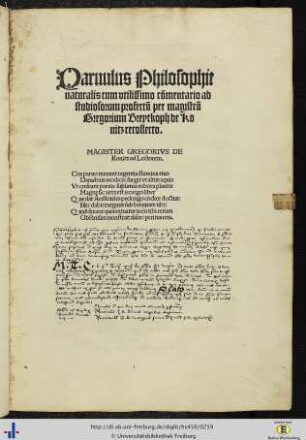 [Druck] Gregorius Breitkopf: Parvulus philosophiae naturalis cum commentario. Leipzig: Jacob Thanner 1512.
