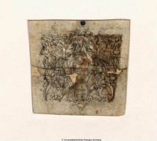 Ornamentfüllung; Bacchus auf einem Fasse reitend, eine Henkelkanne mit der Rechten, ein Glas mit der Linken haltend