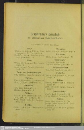 Berufsklassen und Gewerbebetriebe : Alphabetisches Verzeichniß der selbstständigen Gewerbetreibenden