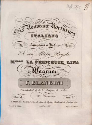 Six nouveaux nocturnes italiens : oeuv. 28, liv. 1.2, 2. 11 S. - Nr. 4. No mia bella il sol diletto non è. Nr. 5. Per un vil rozzo pastore. Nr. 6. Sò che godendo vai del duol