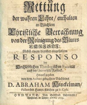 Rettung der wahren Lehre, enthalten in Büchlein Christliche Betrachtung von der Reinigung des Blutes Christi