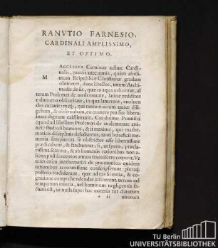 Runatio Farnesio Cardinali Amplissimo, et Optimo