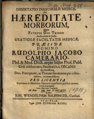 Dissertatio Inauguralis Medica, De Haereditate Morborum