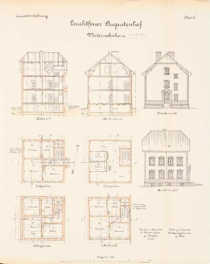 Leuchtfeuer Augustenhof, Nordborg: Wärterhaus: Ansichten, Grundrisse KG, EG, 1.OG, DG, Schnitte 1:100