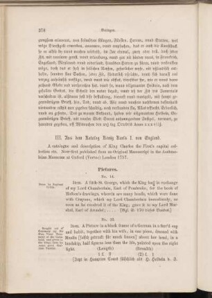 III. Aus dem Katalog König Karls I. von England.