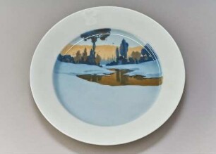 Porzellanteller mit Darstellung einer Schneelandschaft