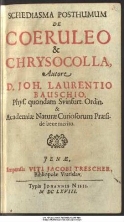Schediasma Posthumum De Coeruleo & Chrysocolla
