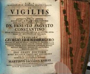 Dissertatio Medica Inavgvralis De Vigiliis