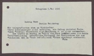 Telegramm von Kurt Hahn an Ludwig Haas; Veröffentlichung einer Stellungnahme von Hartmann von Richthofen