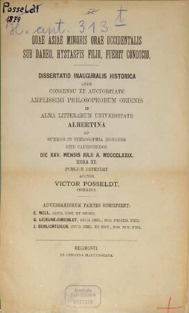 Quae Asiae minoris orae occidentalis sub Dareo, Hystaspis filio, fuerit condicio : dissertatio inauguralis historica