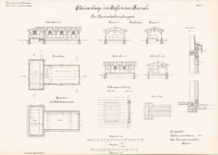Stauanlage im Jeglinner Kanal, Groß Zechen: Dammbalkenschuppen: Ansicht, Grundrisse, Schnitte 1:200, 1:100, 1:20, 1:10