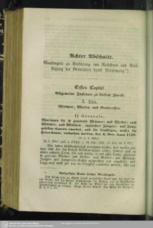 Achter Abschnitt. Maaßregeln zu Verhütung von Rothstand und Belästigung der Gemeinden durch Verarmung