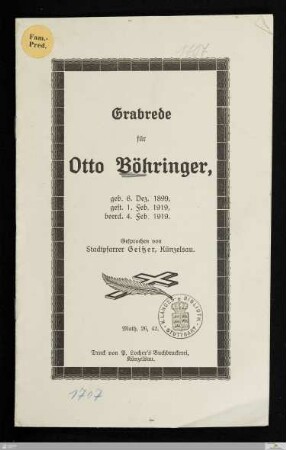 Grabrede für Otto Böhringer : geb. 6. Dez. 1899, gest. 1. Febr. 1919, beerd. 4. Febr. 1919