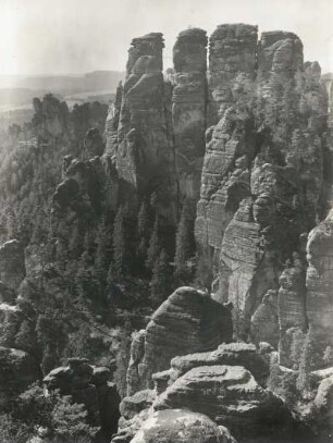 Elbsandsteingebirge. Basteigebiet. Gansfelsen und Mönchstein. Blick von der Großen Gans über den Raaber Kessel