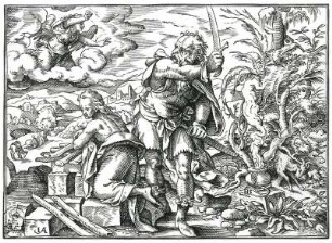 Opfer Isaacs : Amman, Jost (1539-1591). Opfer Isaacs. Holzschnitt; 10,9 x 15,1 cm. Dresden: Kupferstich-Kabinett A 4387 in A 138 f,1