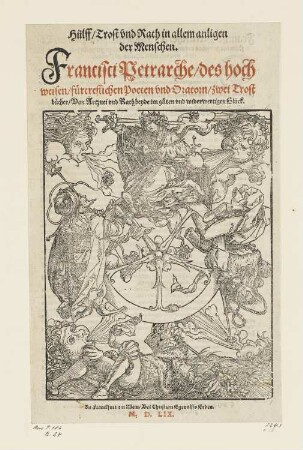 Glücksrad, Titelblatt aus: "Hülff, Trost und Rath in allem anligen der Menschen. Francisci Petrarche, des hochweisen, fürtreflichen Poeten und Oratorn, zwei Trostbücher, Von Artznei und Rath beyde im guten vnd widerwertigen Glück", Band I, Frankfurt am Main 1559