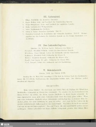 IV. Das Lehrerkollegium