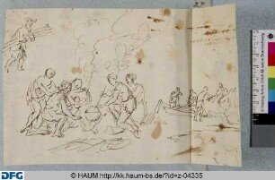 Rastende Männer und Frauen bei der Zubereitung von Speisen an einer offenen Feuerstelle, im Hintergrund Ankunft eines Bootes