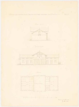 Schloss Koberwitz Remisen- und Stallgebäude: Grundriss, Aufriss Vorderansicht, Seitenansicht, Maßstabsleiste (Fuß rhld.)
