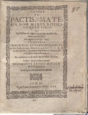 Theses de pactis, materia non minus difficilis quam utilis