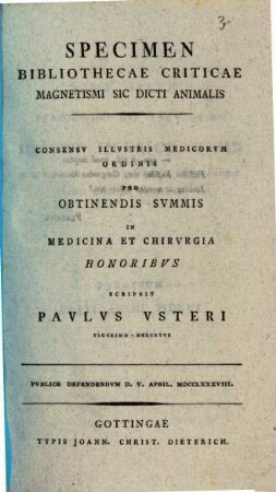 Specimen Bibliothecae Criticae Magnetismi Sic Dicti Animalis
